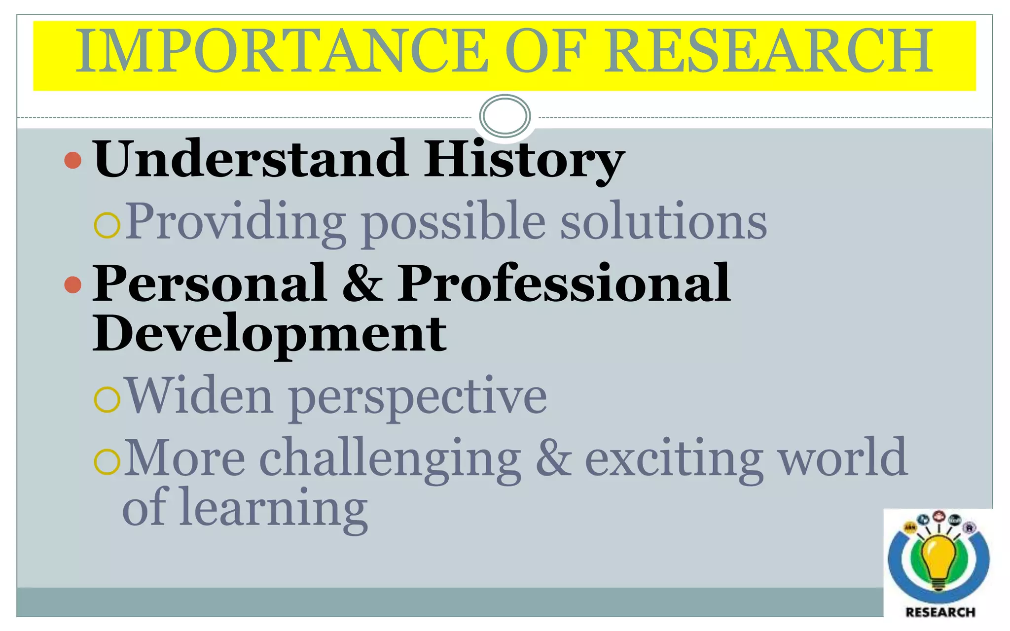 IMPORTANCE OF RESEARCH
Understand History
Providing possible solutions
Personal & Professional
Development
Widen perspective
More challenging & exciting world
of learning
 