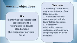 Aim
Identifying the factors that
contribute to the
willingness to donate
blood among
the students of port said,
Egypt
Objectives
1 To identify factors which
may prevent students from
blood donation.
2. To evaluate students’
awareness and attitude
towards blood donation.
3. To assess the
relationship between
socioeconomic background
and perceptions on blood
donations.
 