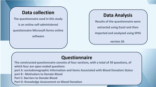 Data collection
The questionnaire used in this study
is an online self-administered
questionnaire Microsoft forms online
software
Data Analysis
Results of the questionnaire were
extracted using Excel and then
imported and analyzed using SPSS
version 26
Questionnaire
The constructed questionnaire consists of four sections, with a total of 39 questions, of
which four are open ended questions
part A :sociodemographic Information and Items Associated with Blood Donation Status
part B : Motivators to Donate Blood
Part C: Barriers to Donate Blood
Part D: Knowledge Assessment on Blood Donation
 