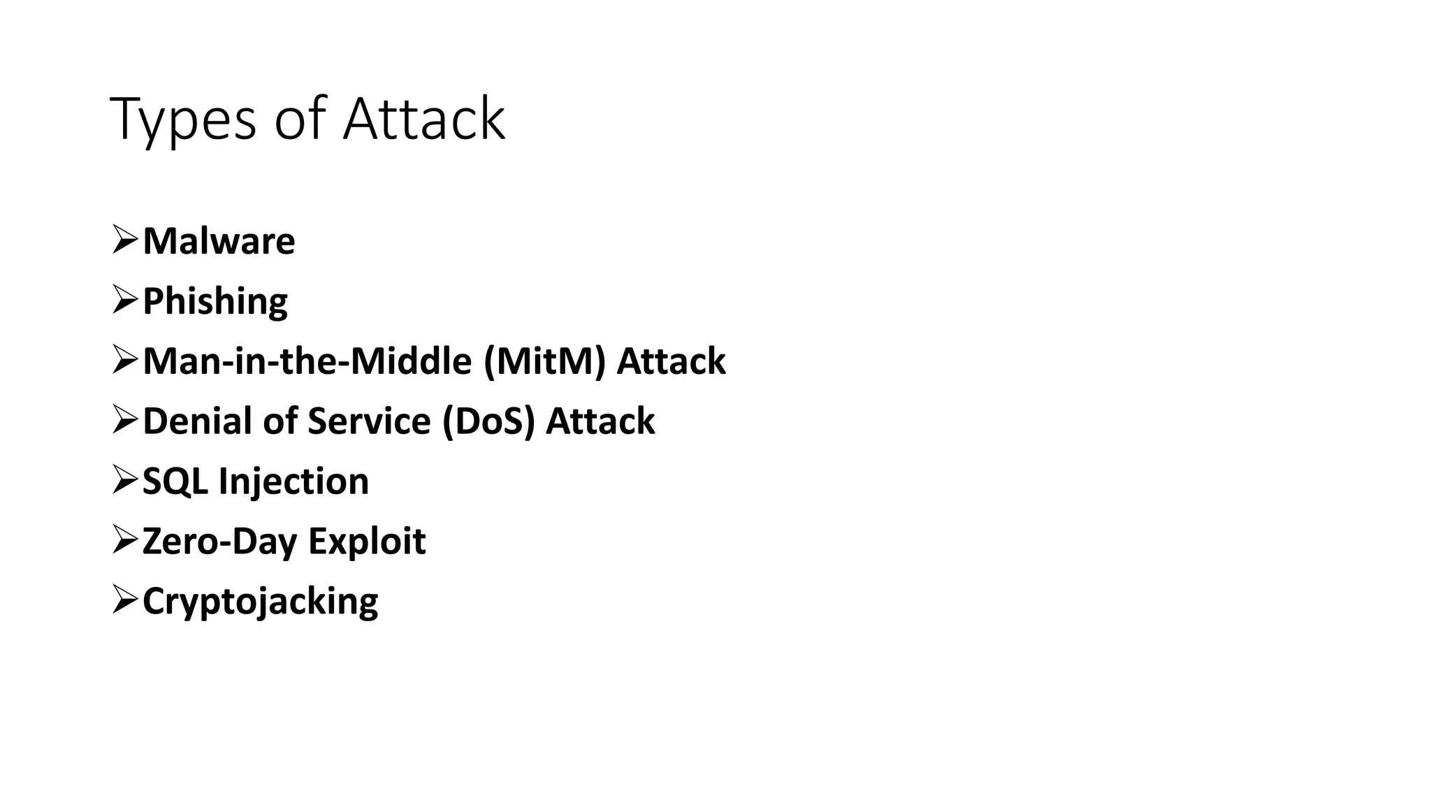 Types of Attack
➢Malware
➢Phishing
➢Man-in-the-Middle (MitM) Attack
➢Denial of Service (DoS) Attack
➢SQL Injection
➢Zero-Day Exploit
➢Cryptojacking
 