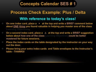 With reference to today’s class!
 On one index card, place a + at the top and write a BRIEF comment below
about ONE thing you found valuable in helping you master one of the class
Learning Objectives.
 On a second index card, place a  at the top and write a BRIEF suggestion
below about how one of the class Learning Objectives could be better
mastered for future sessions.
 Place the index cards on the table designated by the instructor on your way
out the door.
 Please bring your extra index cards and Table envelopes to the Instructor’s
table - THANKS!
Concepts Calendar SES # 1
Process Check Example: Plus / Delta
 