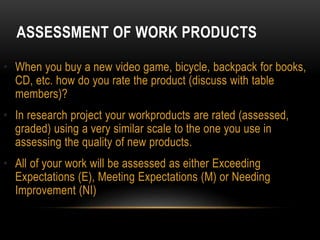 ASSESSMENT OF WORK PRODUCTS
• When you buy a new video game, bicycle, backpack for books,
CD, etc. how do you rate the product (discuss with table
members)?
• In research project your workproducts are rated (assessed,
graded) using a very similar scale to the one you use in
assessing the quality of new products.
• All of your work will be assessed as either Exceeding
Expectations (E), Meeting Expectations (M) or Needing
Improvement (NI)
 