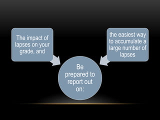 Be
prepared to
report out
on:
The impact of
lapses on your
grade, and
the easiest way
to accumulate a
large number of
lapses
 