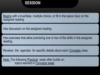 SESSION
Begins with a true/false, multiple choice, or fill in the space Quiz on the
assigned reading
Has discussion on the assigned reading
Has exercises that allow practicing one or two of the skills in the assigned
reading
Reviews the agendas for specific details about each Concepts class.
Note: The following Practical week often builds on
topics learned in Concepts week.
 