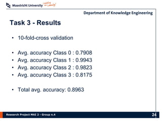 Research Project MAI 2 - Group n.4
• 10-fold-cross validation
• Avg. accuracy Class 0 : 0.7908
• Avg. accuracy Class 1 : 0.9943
• Avg. accuracy Class 2 : 0.9823
• Avg. accuracy Class 3 : 0.8175
• Total avg. accuracy: 0.8963
Task 3 - Results
24
 