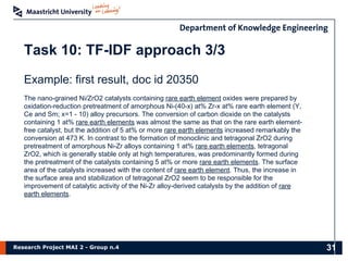 Research Project MAI 2 - Group n.4 31
Task 10: TF-IDF approach 3/3
Example: first result, doc id 20350
The nano-grained Ni/ZrO2 catalysts containing rare earth element oxides were prepared by
oxidation-reduction pretreatment of amorphous Ni-(40-x) at% Zr-x at% rare earth element (Y,
Ce and Sm; x=1 - 10) alloy precursors. The conversion of carbon dioxide on the catalysts
containing 1 at% rare earth elements was almost the same as that on the rare earth element-
free catalyst, but the addition of 5 at% or more rare earth elements increased remarkably the
conversion at 473 K. In contrast to the formation of monoclinic and tetragonal ZrO2 during
pretreatment of amorphous Ni-Zr alloys containing 1 at% rare earth elements, tetragonal
ZrO2, which is generally stable only at high temperatures, was predominantly formed during
the pretreatment of the catalysts containing 5 at% or more rare earth elements. The surface
area of the catalysts increased with the content of rare earth element. Thus, the increase in
the surface area and stabilization of tetragonal ZrO2 seem to be responsible for the
improvement of catalytic activity of the Ni-Zr alloy-derived catalysts by the addition of rare
earth elements.
 