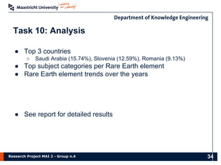 Research Project MAI 2 - Group n.4
Task 10: Analysis
● Top 3 countries
○ Saudi Arabia (15.74%), Slovenia (12.59%), Romania (9.13%)
● Top subject categories per Rare Earth element
● Rare Earth element trends over the years
● See report for detailed results
34
 
