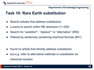 Research Project MAI 2 - Group n.4
Task 10: Rare Earth substitution
● Search articles that address substitution
● Lucene to search within RE abstracts (11.430)
● Search for “substitut*”, “replace*” or “alternative” (955)
● Filtered by sentences containing chemical formula (841)
● found no article that directly address substitution
● but e.g. refer to alternative methods or substitution as
chemical reaction
35
 