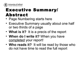 Executive Summary/ Abstract <ul><li>Page Numbering starts here </li></ul><ul><li>Executive Summary usually about one half ...