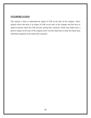 88
INTERPRETATION
This analysis is done to understand the impact of CSR on the sales of the company. Above
analysis shows that there is an impact of CSR on the sales of the company and firm have to
spread awareness about the CSR activities among their customers, which may further have a
positive impact on the sales of the company and it will also help them to retain the brand name
and brand recognition in the mind of the customers.
 