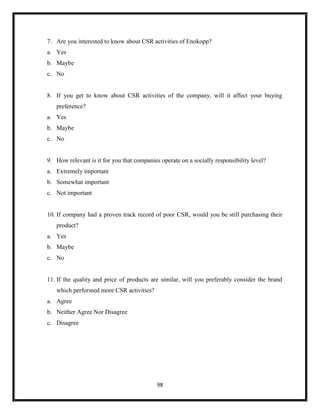 98
7. Are you interested to know about CSR activities of Enokopp?
a. Yes
b. Maybe
c. No
8. If you get to know about CSR activities of the company, will it affect your buying
preference?
a. Yes
b. Maybe
c. No
9. How relevant is it for you that companies operate on a socially responsibility level?
a. Extremely important
b. Somewhat important
c. Not important
10. If company had a proven track record of poor CSR, would you be still purchasing their
product?
a. Yes
b. Maybe
c. No
11. If the quality and price of products are similar, will you preferably consider the brand
which performed more CSR activities?
a. Agree
b. Neither Agree Nor Disagree
c. Disagree
 