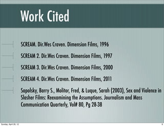 Work Cited
                       SCREAM. Dir.Wes Craven. Dimension Films, 1996

                       SCREAM 2. Dir.Wes Craven. Dimension Films, 1997

                       SCREAM 3. Dir.Wes Craven. Dimension Films, 2000

                       SCREAM 4. Dir.Wes Craven. Dimension Films, 2011

                       Sapolsky, Barry S., Molitor, Fred, & Luque, Sarah (2003), Sex and Violence in
                       Slasher Films: Reexamining the Assumptions. Journalism and Mass
                       Communication Quarterly, Vol# 80, Pg 28-38


Sunday, April 29, 12                                                                                   9
 