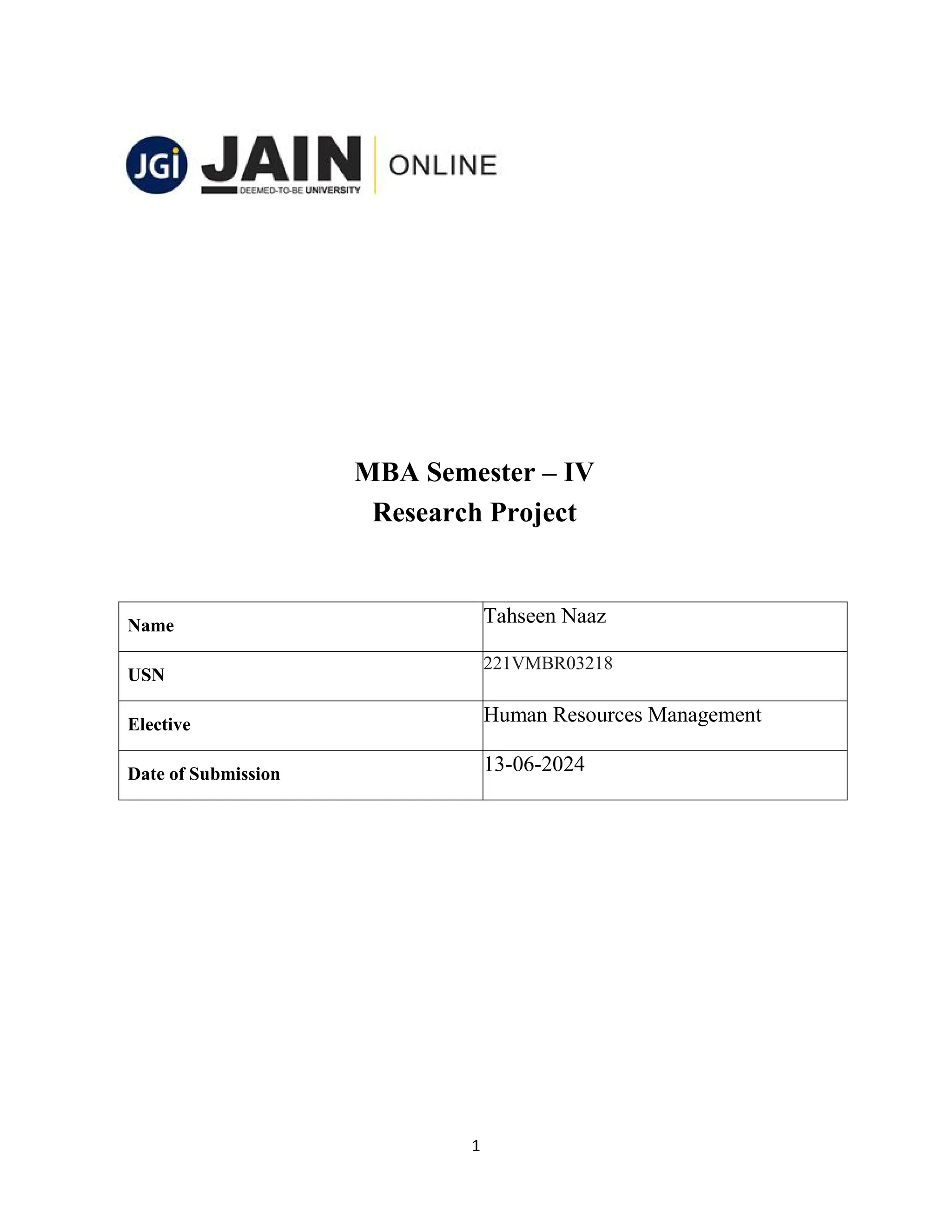 1
MBA Semester – IV
Research Project
Name Tahseen Naaz
USN
221VMBR03218
Elective Human Resources Management
Date of Submission 13-06-2024
 