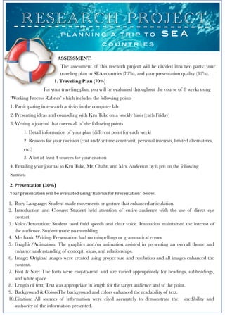 RES EA RC H P RO J EC T
                           planning a trip to                                   sea
                                                  countries

                         ASSESSMENT:
                           The assessment of this research project will be divided into two parts: your
                           traveling plan to SEA countries (70%), and your presentation quality (30%).
                       1. Traveling Plan (70%)
                 For your traveling plan, you will be evaluated throughout the course of 8 weeks using
‘Working Process Rubrics’ which includes the following points
1. Participating in research activity in the computer lab
2. Presenting ideas and counseling with Kru Tuke on a weekly basis (each Friday)
3. Writing a journal that covers all of the following points
       1. Detail information of your plan (different point for each week)
       2. Reasons for your decision (cost and/or time constraint, personal interests, limited alternatives,
       etc.)
       3. A list of least 4 sources for your citation
4. Emailing your journal to Kru Tuke, Mr. Chaht, and Mrs. Anderson by 8 pm on the following
Sunday.

2.#Presentation#(30%)#
Your%presentation%will%be%evaluated%using%‘Rubrics%for%Presentation”%below.%%

1. Body Language: Student made movements or gesture that enhanced articulation.
2. Introduction and Closure: Student held attention of entire audience with the use of direct eye
   contact
3. Voice/Intonation: Student used ﬂuid speech and clear voice. Intonation maintained the interest of
   the audience. Student made no mumbling.
4. Mechanic Writing: Presentation had no misspellings or grammatical errors.
5. Graphic/Animation: The graphics and/or animation assisted in presenting an overall theme and
   enhance understanding of concept, ideas, and relationships.
6. Image: Original images were created using proper size and resolution and all images enhanced the
   content.
7. Font & Size: The fonts were easy-to-read and size varied appropriately for headings, subheadings,
   and white space
8. Length of text: Text was appropriate in length for the target audience and to the point.
9. Background & ColorsThe background and colors enhanced the readability of text.
10.Citation: All sources of information were cited accurately to demonstrate the credibility and
   authority of the information presented.
 