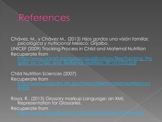 Chvez, M., y Chvez M., (2013) Hijos gordos una visin familiar,
psicolgica y nutricional Mxico: Grijalbo.
UNICEF (2009) Tracking Process in Child and Maternal Nutrition
Recuperate from
http://www.unicef.org/spanish/publications/files/Tracking_Pro
gress_on_Child_and_Maternal_Nutrition_SP_011510.pdf
Child Nutrition Sciences (2007)
Recuperate from
http://www.ncbi.nlm.nih.gov/mesh/?term=child+nutrition+sci
ence
Raya, R., (2013) Glossary markup Language: an XML
Representation for Glossaries.
Recuperate from
http://www.maxprograms.com/articles/glossml.html#intro

 