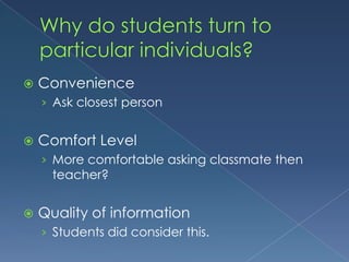 Why do students turn to particular individuals? ConvenienceAsk closest personComfort LevelMore comfortable asking classmate then teacher?Quality of informationStudents did consider this. 
