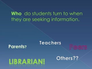 Who  do students turn to when they are seeking information.TeachersPeersParents?Others??Librarian!