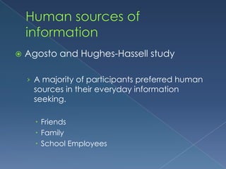 Human sources of informationAgosto and Hughes-Hassell studyA majority of participants preferred human sources in their everyday information seeking.FriendsFamilySchool Employees