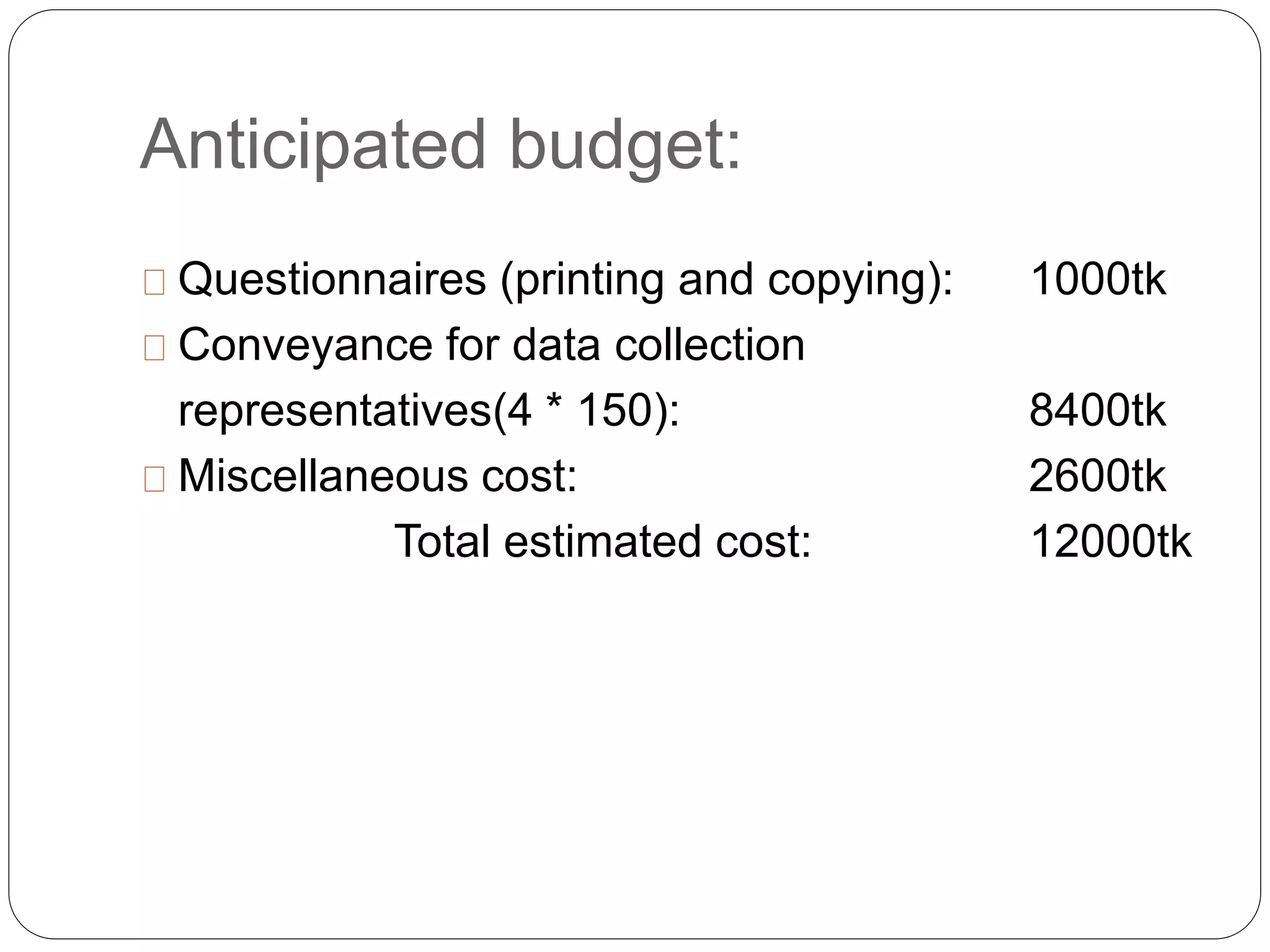 Anticipated budget: 
Questionnaires (printing and copying): 1000tk 
Conveyance for data collection 
representatives(4 * 150): 8400tk 
Miscellaneous cost: 2600tk 
Total estimated cost: 12000tk 
 