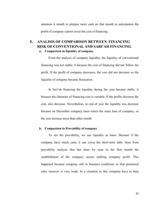 31
attention it month to prepare more cash on that month to anticipation the
profit of company cannot cover the cost of financing.
E. ANALISIS OF COMPARISON BETWEEN FINANCING
RISK OF CONVENTIONAL AND SARI’AH FINANCING
a. Comparison in liquidity of company
From the analysis of company liquidity, the liquidity of conventional
financing was not stable, it because the cost of financing did not follow the
profit. If the profit of company decreases, the cost did not decrease so the
liquidity of company became fluctuation.
In Sari’ah financing the liquidity during the year became stable, it
because the character of financing cost is variable. If the profits decrease the
cost, also decrease. Nevertheless, in end of year the liquidity was decrease
because on December company must return the main loan of company, so
the cost increase more than other month.
b. Comparison in Provability of company
To see the provability, we use liquidity as basis. Because if the
company have much cash, it can cover the short-term debt. Seen from
provability analysis that has done by seen in the first month the
establishment of the company occurs stabling company profit. This
happened because company still in business conditions so that pioneered
sales turnover is very weak. In a situation as this company have to bear
 