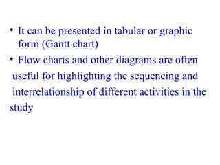 • It can be presented in tabular or graphic 
form (Gantt chart)
• Flow charts and other diagrams are often
 useful for highlighting the sequencing and
 interrelationship of different activities in the 
study 
 