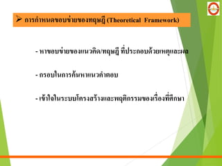 - หาขอบข่ายของแนวคิด/ทฤษฎีที่ประกอบด้วยเหตุและผล
- กรอบในการค้นหาแนวคาตอบ
- เข้าใจในระบบโครงสร้างและพฤติกรรมของเรื่องที่ศึกษา
 การกาหนดขอบข่ายของทฤษฎี (Theoretical Framework)
 