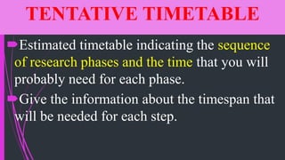 TENTATIVE TIMETABLE
Estimated timetable indicating the sequence
of research phases and the time that you will
probably need for each phase.
Give the information about the timespan that
will be needed for each step.
 