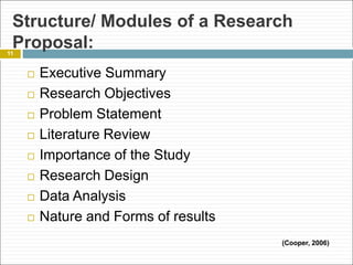 Structure/ Modules of a Research
Proposal:
 Executive Summary
 Research Objectives
 Problem Statement
 Literature Review
 Importance of the Study
 Research Design
 Data Analysis
 Nature and Forms of results
11
(Cooper, 2006)
 