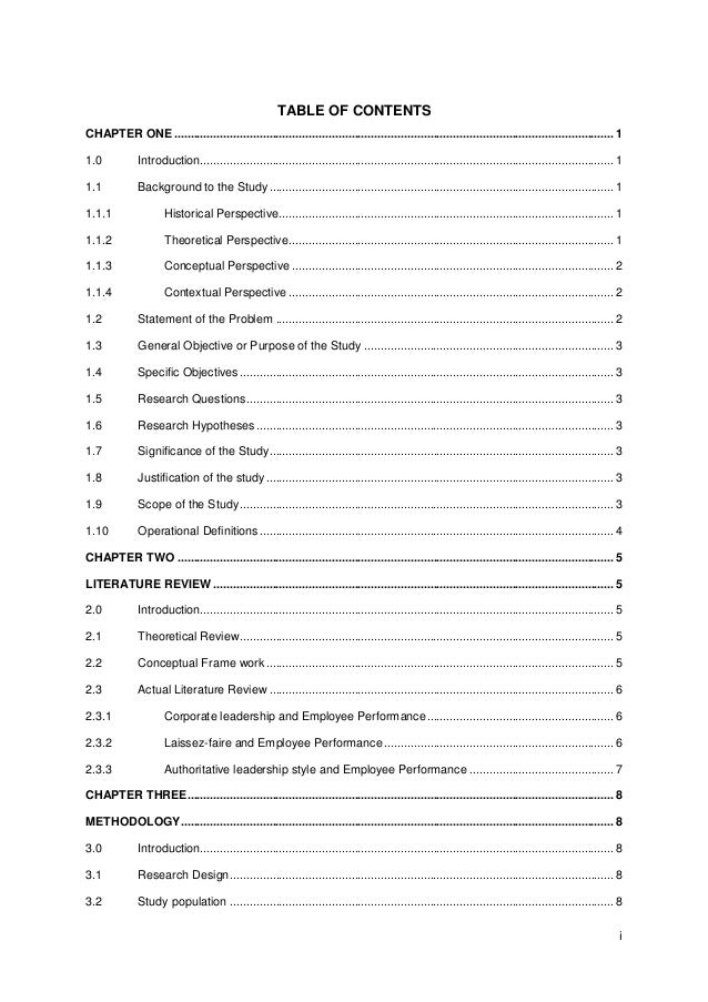 Example of table of contents in research proposal picture