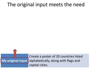 The original input meets the need
Topic
Specific target
group
The group’s
urgent need
Requirement to
meet the need

Flags of the World Poster
Thai secondary school geography
students
Pass an exam

Memorize the flags and capital cities of
20 countries in 20 minutes
Create a poster of 20 countries listed
My original input alphabetically, along with flags and
capital cities.

 
