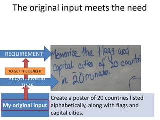 The original input meets the need
Topic
Specific target
REQUIREMENT
group
The group’s
TO GET THE BENEFIT
urgent need
REQUIREMENT
Requirement to
TIME
meet the need

Flags of the World Poster
Thai secondary school geography
students
Pass an exam

Memorize the flags and capital cities of
20 countries in 20 minutes
Create a poster of 20 countries listed
My original input alphabetically, along with flags and
capital cities.

 