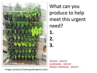 What can you
produce to help
meet this urgent
need?
1.
2.
3.

Image courtesy of (www.grobergreen.com)

POSTER – SPECIFY
SLIDESHOW – SPECIFY
PROJECT PROPOSAL - SPECIFY

 