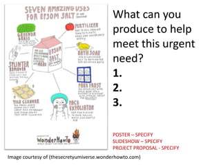 What can you
produce to help
meet this urgent
need?
1.
2.
3.
POSTER – SPECIFY
SLIDESHOW – SPECIFY
PROJECT PROPOSAL - SPECIFY

Image courtesy of (thesecretyumiverse.wonderhowto.com)

 