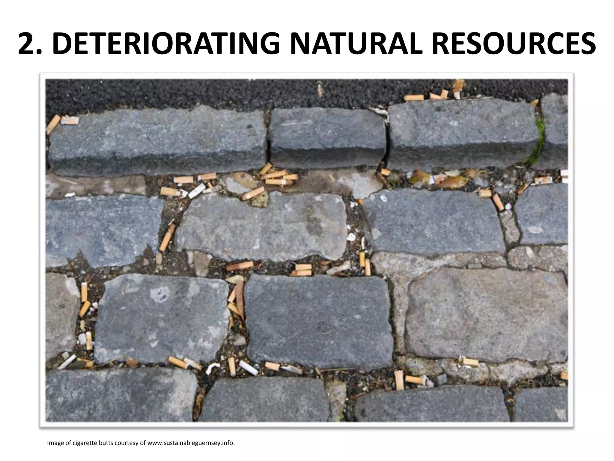 2. DETERIORATING NATURAL RESOURCES

Image of cigarette butts courtesy of www.sustainableguernsey.info.

 