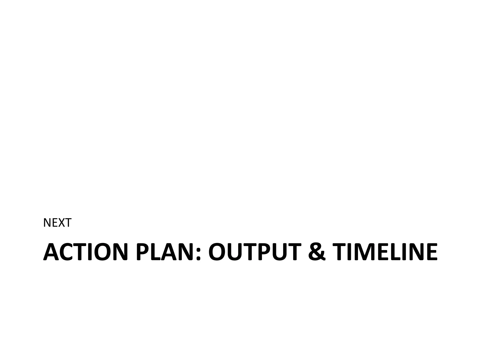 NEXT

ACTION PLAN: OUTPUT & TIMELINE

 