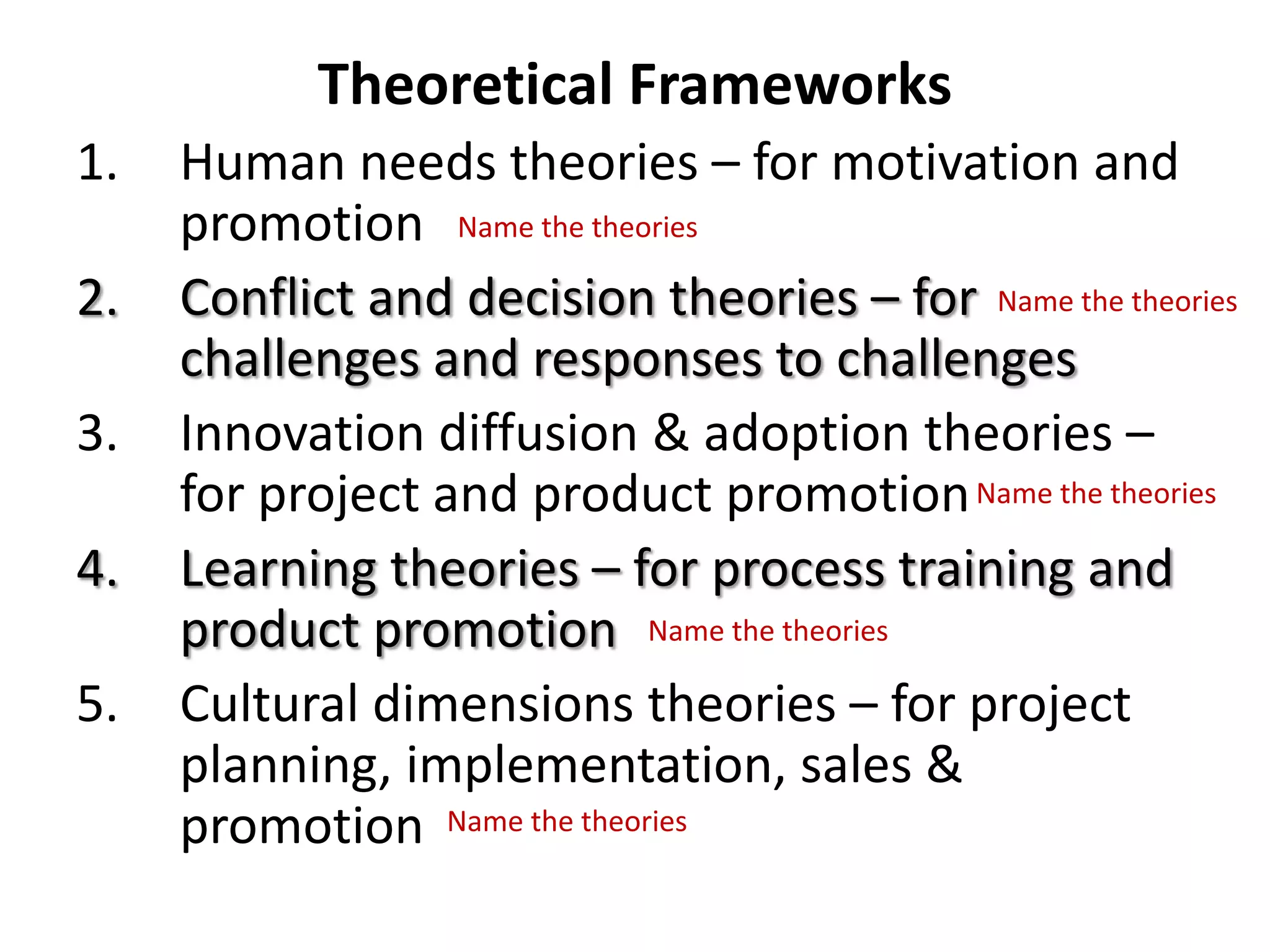 Theoretical Frameworks
1.
2.
3.

4.
5.

Human needs theories – for motivation and
promotion Name the theories
Conflict and decision theories – for Name the theories
challenges and responses to challenges
Innovation diffusion & adoption theories –
for project and product promotion Name the theories
Learning theories – for process training and
product promotion Name the theories
Cultural dimensions theories – for project
planning, implementation, sales &
promotion Name the theories

 