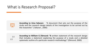 What is Research Proposal?
According to Uma Sekaran: “A document that sets out the purpose of the
study and the research design details of the investigation to be carried out by
the researcher.” ( Sekaran , 2006)
According to William G Zikmund: “A written statement of the research design
that includes a statement explaining the purpose of a study and a detailed
systematic outline of a particular research methodology” (Zikmund, 2000)
 