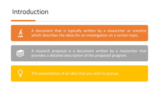 Introduction
A document that is typically written by a researcher or scientist
which describes the ideas for an investigation on a certain topic.
A research proposal is a document written by a researcher that
provides a detailed description of the proposed program.
The presentation of an idea that you wish to pursue.
 