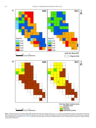 26 N. Kikon et al. / Sustainable Cities and Society 22 (2016) 19–28
Fig. 8. (i) Map of grid wise LST of Noida of May 2000 and May 2013. Note: The meaning of Grid as 0, 1, 2, 3, and 4 are the numbering of grids as these grids are sum of the
grids where major land use change and temperature change is observed both in positive and negative way and its tabulations of the grid wise major land use changes of
these numbered grids are shown is Tables 6i and 6ii. Only some particular grids are selected for validation point of view. (ii) Map of grid wise major LULC category of Noida
of May 2000 and May 2013.
 