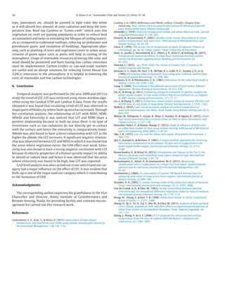 28 N. Kikon et al. / Sustainable Cities and Society 22 (2016) 19–28
tops, pavements etc. should be painted in light color like white
as it will absorb less amount of solar radiation and keep the tem-
perature low. Roof top Gardens or “Green roofs” which uses live
vegetation on roofs are gaining popularity in order to reduce heat
accumulation and helps in extending the lifespan of rooﬁng materi-
als as compared to traditional rooftops, reducing air pollutants and
greenhouse gases, and insulation of buildings. Appropriate plan-
ning such as planting of trees and vegetation cover in urban areas,
creation of green space such as parks will help in cooling of the
atmosphere. Usage of renewable resources of energy like solar and
wind should be promoted and fuels having low carbon emissions
must be implemented. Carbon Credits or cap-and-trade markets
are useful and an abrupt solutions for reducing Green House Gas
(GHGs) emissions in the atmosphere. It is helpful in lowering the
costs of renewable and low carbon technologies.
6. Conclusion
Temporal analysis was performed for the year 2000 and 2013 to
study the trend of LST. LST was retrieved using mono-window algo-
rithm using the Landsat ETM and Landsat 8 data. From the results
obtained it was found that escalating trend of LST was observed in
major parts of Noida city where built up area has increased. Through
the correlation analysis, the relationship of LST with NDVI, NDBI,
Albedo and Emissivity it was noticed that LST and NDBI share a
positive relationship because in built up areas there is no type of
restrictions such as sun radiations do not directly get in contact
with the surface and hence the emissivity is comparatively lower.
Albedo was also found to have a direct relationship with LST as the
higher the albedo, the LST increases. A signiﬁcant negative relation-
ship was observed between LST and NDVI in which it was found that
the areas where vegetation exists, the UHI effect was weak. Emis-
sivity was also found to have a strong negative correlation with LST
because di-electric properties of a feature greatly impact its ability
to absorb or radiate heat and hence it was observed that the areas
where emissivity was found to be high, low LST was reported.
Grid level analysis was also carried out to see which land use cat-
egory had a major inﬂuence on the effect of LST. It was evident that
built-up is one of the major land use category which is contributing
to the formation of UHI.
Acknowledgments
The corresponding author expresses his gratefulness to the Vice
Chancellor and Director, Amity Institute of Geoinformatics and
Remote Sensing, Noida, for providing facility and constant encour-
agement for carried out this research work.
References
Chakraborty, S. D., Kant, Y.,  Mitra, D. (2015). Assessment of land surface
temperature and heat ﬂuxes over Delhi using remote sensing data. Journal of
Environmental Management., 148, 143–152.
Coakley, J. A. (2003). Reﬂectance and Albedo, surface. Corvallis: Oregon State
University. http://www.curry.eas.gatech.edu/Courses/6140/ency/Chapter9/
Ency Atmos/Reﬂectance Albedo Surface.pdf
Detwiller, J. (1970). Deep soil temperature trends and urban effects at Paris. Journal
of Applied Meteorology, 9, 178–180.
Dousset, B.,  Gourmelon, F. (2003). Satellite multi-sensor data analysis of urban
surface temperatures and land cover. ISPRS Journal of Photogrammetry and
Remote Sensing, 58, 43–54.
Fukui, E. (1970). The recent rise of temperature in Japan. In Japanese Progress in
Climatology. pp. 46–65. Tokyo, Japan: Tokyo University of Education.
Hove, V., Jacobs, J., Heusinkveld, B. G., Elbers, J. A., Driel, V.,  Holtslag, M. (2015).
Temporal and spatial variability of urban heat island and thermal comfort
within the Rotterdam agglomeration. Building and Environment, 83,
91–103.
Howard, L. (1833). . pp. 1818–1820. The climate of London (Vol. 2) London, UK:
London Harvey and Dorton.
Johnson, G. L., Davis, M., Karl, T. R., McNab, A. L., Gallo, K. P., Tarpley, J. D., et al.
(1993). Estimating urban temperature bias using polar-orbiting satellite data.
Journal of Applied Meteorology, 33, 358–369.
Katsoulis, B. D.,  Theoharatos, G. A. (1985). Indications of the urban heat island in
Athens. Greece, 24, 1296–1302.
Liang, S. (2000). Narrowband to broadband conversions of land surface Albedo I
algorithms. Remote Sensing of Environment, 76, 213–238.
Liu, H.,  Weng, Q. (2011). Enhancing temporal resolution of satellite imagery for
public health studies: A case study of West Nile Virus outbreak in Los Angeles
in 2007. Remote Sensing of Environment, 117, 57–71.
Liu, L.,  Zhang, Y. (2011). Urban heat island analysis using the Landsat TM data and
ASTER data: A case study in Hong Kong. Remote Sensing Journal, 3, 1535–1552.
Mallick, J. (2014). Land characterization analysis of surface temperature of
semi-arid mountainous city Abha. Saudi Arabia Using Remote Sensing and GIS, 6,
664–676.
Mohan, M., Kikegawa, Y., Gurjar, B., Bhati, S., Kandya, A.,  Ogawa, K. (2012). Urban
heat island assessment for a tropical urban air shed in India. Atmospheric and
Climate Sciences, 2, 127–138.
Nesarikar-Patki1, P.,  Raykar-Alange, P. (2012). Study of inﬂuence of land cover
on urban heat islands in Pune using remote sensing. IOSR Journal of Mechanical
and Civil Engineering (IOSR-JMSE), 3, 39–43.
Oke, T. R. (1973). City size and the urban heat island. Atmospheric Environment, 7,
769–779.
Qin, Z., Karnieli.A.,  Berliner, P. (2001). A mono-window algorithm for retrieving
land surface temperature from Landsat TM data and its application to the
Israel-Egypt border region. Internal Journal of Remote Sensing, 22, 3719–
3746.
Ramachandra, V.,  Aithal, H. (2013). Urbanization and Sprawl in the Tier 2 city:
Metrics, dynamics and modelling using spatio-temporal data. International
Journal of Remote Sensing, 3, 65–74.
Ramachandra, V., Aithal, H.,  Sowmyashree, M. V. (2015). Monitoring
urbanization and its implications in a mega city from space: Spatiotemporal
patterns and its indicators. Journal of Environmental Management, 148,
67–81.
Southworth, J. (2004). An assessment of Landsat TM Band 6 thermal data for
analyzing land cover in tropical dry forest regions. International Journal of
Remote Sensing, 25, 689–706.
Streuker, D. R. (2002). A remote sensing study of the urban heat island of Houston,
Texas. International Journal of Remote Sensing, 23(13), 2595–2608.
Van de Griend, A. A.,  Owe, M. (1993). On the relationship between thermal
emissivity and the normalized difference vegetation index for natural surfaces.
International Journal of Remote Sensing, 14, 1119–1131.
Wang, W., Zheng, Z.,  Karl, T. R. (1990). Urban heat islands in China. Geophysical
Research Letters, 17, 2377–2380.
Zhang, H., Qi, Z., Ye, X., Cai, Y., Ma, W.,  Chen, M. (2013). Analysis of land use/land
cover change, population shift, and their effects on spatiotemporal patterns of
urban heat islands in metropolitan Shanghai, China. Applied Geography, 44,
121–133.
Zhang, J., Wang, Y.,  Li, Y. (2006). A C++ program for retrieving land surface
temperature from the data of Landsat TM/ETM Band 6. Computers and
Geosciences, 32, 1796–1805.
 