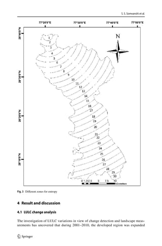 S. S. Somvanshi et al.
1 3
4 Result and discussion
4.1 LULC change analysis
The investigation of LULC variations in view of change detection and landscape meas-
urements has uncovered that during 2001–2010, the developed region was expanded
Fig. 3  Different zones for entropy
 