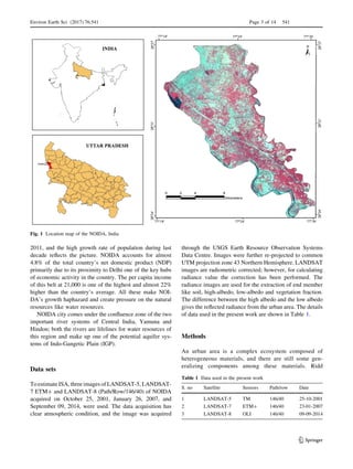 2011, and the high growth rate of population during last
decade reﬂects the picture. NOIDA accounts for almost
4.8% of the total country’s net domestic product (NDP)
primarily due to its proximity to Delhi one of the key hubs
of economic activity in the country. The per capita income
of this belt at 21,000 is one of the highest and almost 22%
higher than the country’s average. All these make NOI-
DA’s growth haphazard and create pressure on the natural
resources like water resources.
NOIDA city comes under the conﬂuence zone of the two
important river systems of Central India, Yamuna and
Hindon; both the rivers are lifelines for water resources of
this region and make up one of the potential aquifer sys-
tems of Indo-Gangetic Plain (IGP).
Data sets
To estimate ISA, three images of LANDSAT-5, LANDSAT-
7 ETM? and LANDSAT-8 (Path/Row/146/40) of NOIDA
acquired on October 25, 2001, January 26, 2007, and
September 09, 2014, were used. The data acquisition has
clear atmospheric condition, and the image was acquired
through the USGS Earth Resource Observation Systems
Data Centre. Images were further re-projected to common
UTM projection zone 43 Northern Hemisphere. LANDSAT
images are radiometric corrected; however, for calculating
radiance value the correction has been performed. The
radiance images are used for the extraction of end member
like soil, high-albedo, low-albedo and vegetation fraction.
The difference between the high albedo and the low albedo
gives the reﬂected radiance from the urban area. The details
of data used in the present work are shown in Table 1.
Methods
An urban area is a complex ecosystem composed of
heterogeneous materials, and there are still some gen-
eralizing components among these materials. Ridd
Fig. 1 Location map of the NOIDA, India
Table 1 Data used in the present work
S. no Satellite Sensors Path/row Date
1 LANDSAT-5 TM 146/40 25-10-2001
2 LANDSAT-7 ETM? 146/40 23-01-2007
3 LANDSAT-8 OLI 146/40 09-09-2014
Environ Earth Sci (2017) 76:541 Page 3 of 14 541
123
 