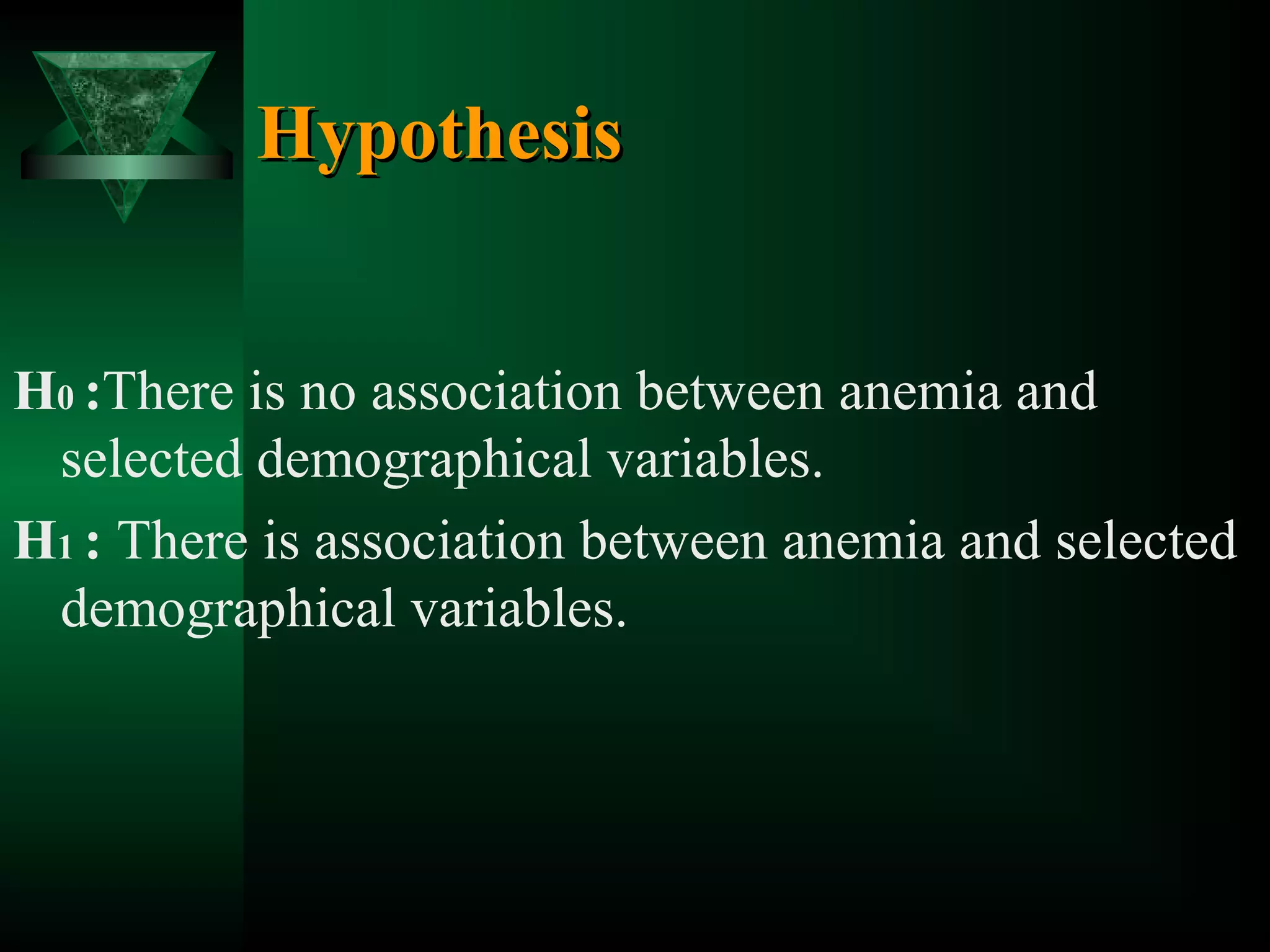 Hypothesis
H0 :There is no association between anemia and
selected demographical variables.
H1 : There is association between anemia and selected
demographical variables.

 