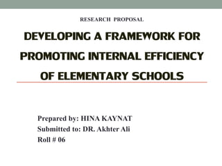 DEVELOPING A FRAMEWORK FOR
PROMOTING INTERNAL EFFICIENCY
OF ELEMENTARY SCHOOLS
Prepared by: HINA KAYNAT
Submitted to: DR. Akhter Ali
Roll # 06
RESEARCH PROPOSAL
 
