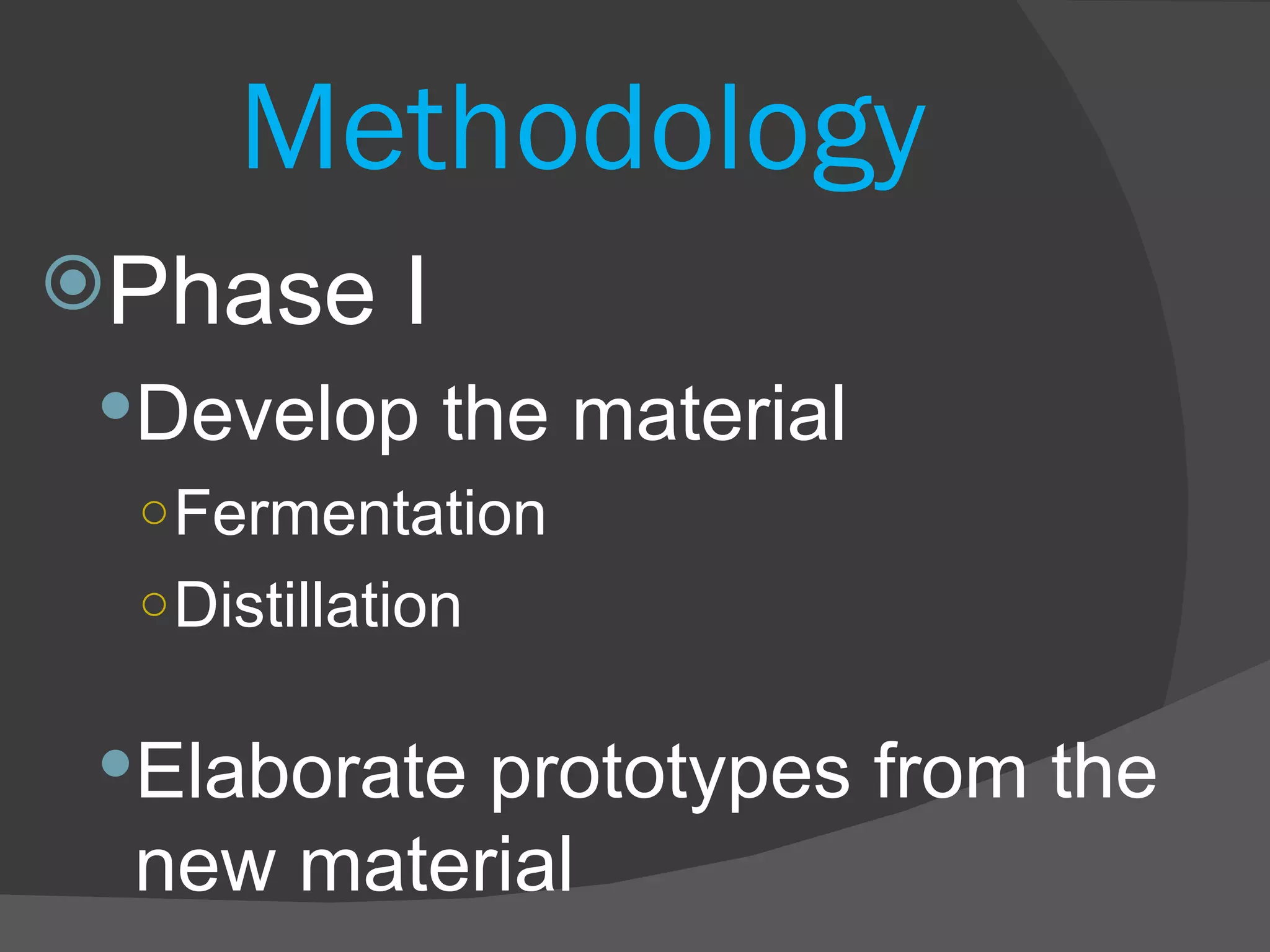Methodology Phase I Develop the material Fermentation  Distillation Elaborate prototypes from the new material 