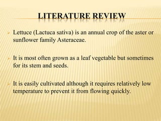 LITERATURE REVIEW


Lettuce (Lactuca sativa) is an annual crop of the aster or
sunflower family Asteraceae.



It is most often grown as a leaf vegetable but sometimes
for its stem and seeds.



It is easily cultivated although it requires relatively low
temperature to prevent it from flowing quickly.

 