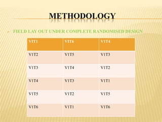 METHODOLOGY


FIELD LAY OUT UNDER COMPLETE RANDOMISED DESIGN
VIT1

VIT6

V1T4

V1T2

V1T5

V1T3

V1T3

V1T4

V1T2

V1T4

V1T3

V1T1

V1T5

V1T2

V1T5

V1T6

V1T1

V1T6

 