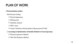 PLAN OF WORK
1.Preformulation studies-
Identification of drug-
 Physical appearance
 Melting point
 Solubility Analysis
 HPLC assay
 Fourier Transform infrared radiation Measurement (FT-IR)
2. Screening & Optimization of Suitable Method to Form Liposomes
 Solvent Evaporation Method
 Thin Film Hydration Method
12
 