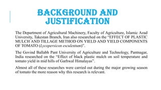 BACKGROUND AND
JUSTIFICATION
The Department of Agricultural Machinery, Faculty of Agriculture, Islamic Azad
University, Takestan Branch, Iran also researched on the “EFFECT OF PLASTIC
MULCH AND TILLAGE METHOD ON YIELD AND YIELD COMPONENTS
OF TOMATO (Lycopersicon esculentum)”.

The Govind Ballabh Pant University of Agriculture and Technology, Pantnagar,
India researched on the “Effect of black plastic mulch on soil temperature and
tomato yield in mid hills of Garhwal Himalayas”.
Almost all of these researches were carried out during the major growing season
of tomato the more reason why this research is relevant.

 