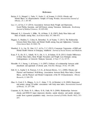 References
Becker, E. S., Margraf, J., Turke, V., Soder, U., & Neumer, S. (2010). Obesity and
Mental Illness in a Representative Sample of Young Women. International Journal of
Obesity, 25, 1, S5–S9.
Lee, J. I., & Yen, C. F. (2014). Associations between Body Weight and Depression,
Social Phobia, Insomnia, and Self-Esteem among Taiwanese Adolescents. Kaohsiung
Journal of Medical Sciences, 30, 625-630.
Mukamal, K. J., Kawachi, I., Miller, M., & Rimm, E. B. (2007). Body Mass Index and
Risk of Suicide among Men. Arch Intern Med, 167, 468-475.
Maguen, S., Madden, E., Cohen, B., Bertenthal, D., & Neylan, T. (2013). The Relationship
between Body Mass Index and Mental Health among Iraq and Afghanistan Veterans.
J Gen Intern Med, 28, S563–70.
Mumford, E. A., Liu, W., Hair, E. C., & Yu, T. C. (2013). Concurrent Trajectories of BMI and
Mental Health Patterns in Emerging Adulthood. Journal of Social Science and Medicine.
Kuan, P. X., Ho, H. L., Suhaili, M. S., Siti, A. A., & Gudum, H. R. (2011). Gender Differences
in Body Mass Index, Body Weight Perception and Weight Loss Strategies among
Undergraduates in Universiti Malaysia Sarawak. Jr Nutr 17, (1), 67-75.
Meredith. P. J., Strong. J., & Feeney, J. A. (2007). Evidence of a relationship between adult
attachment and appraisals of chronic pain. Pain Res Manage, 10 (4), 191-200.
Doll, H. A., Sophie E. K. Petersen, S. E. K., & Stewart-Brown., S. L. (2000). Obesity and
Physical and Emotional Well-Being: Associations between Body Mass Index, Chronic
Illness, and the Physical and Mental Components of the SF-36 Questionnaire. Obesity
Research, 8, 160-170.
Zhao, G., Ford, E. S., Dhingra, S., Li, C., Strine, T. W., & Mokdad, A. H. (2009). Depression
and anxiety among US adults: associations with body mass index. International Journal
of Obesity, 33, 257–266.
Carpenter, K. M., Hasin, D. S., Allison, D. B., Faith, M. S. (2000). Relationships between
obesity and DSM-IV major depressive disorder, suicide ideation, and suicide attempts:
results from a general population study. American Journal of Public Health. 90(2), 251-
257.
 